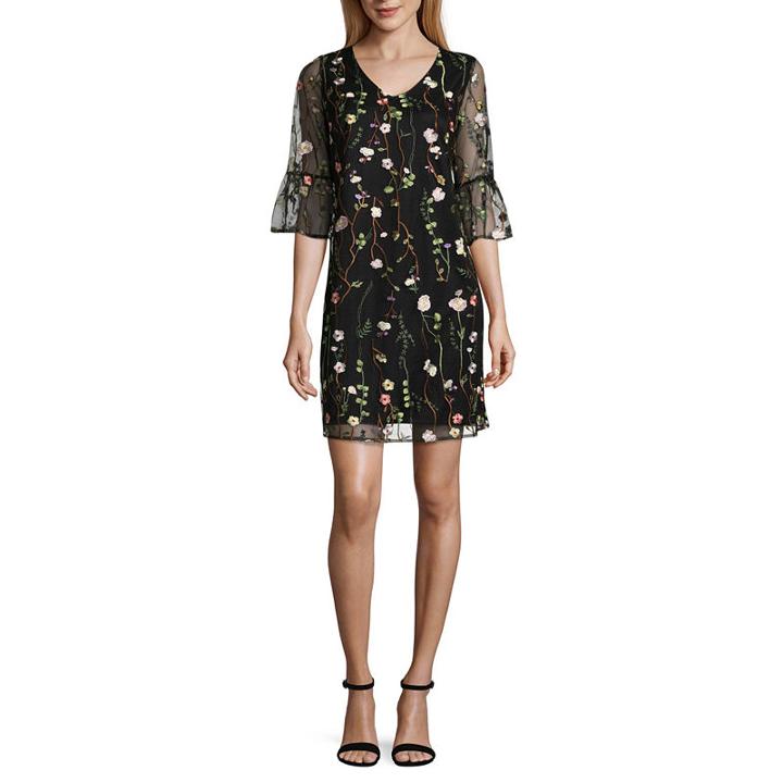Worthington Short Sleeve Embroidered Floral Shift Dress