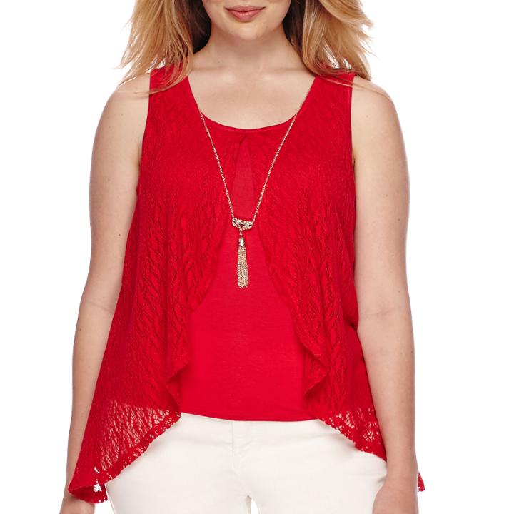 By & By Sleeveless Split-front Knit-to-woven Top With Necklace