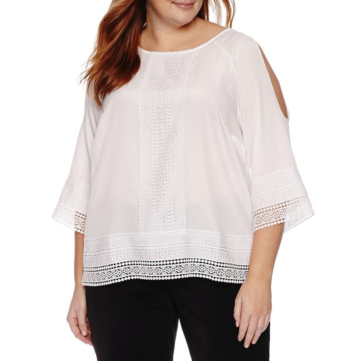 Worthington 3/4 Sleeve Cold Shoulder Crochet Trimmed Blouse - Plus