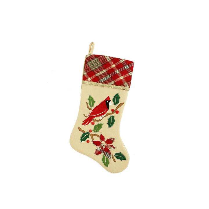 20.5 Country Cabin Embroidered Tan Cardinal Bird Christmas Stocking With Red Plaid Cuff