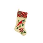 20.5 Country Cabin Embroidered Tan Cardinal Bird Christmas Stocking With Red Plaid Cuff