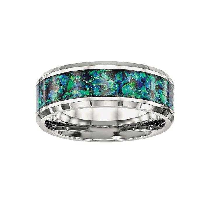 Mens Simulated Blue Opal Stainless Steel Wedding Band