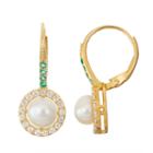 White Cultured Freshwater Pearl & Lab Created Emerald 14k Gold Over Silver Earrings