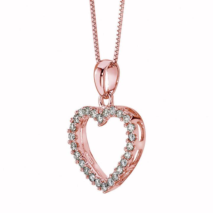 Womens 1/4 Ct. T.w. Genuine White Diamond 14k Rose Gold Heart Pendant Necklace