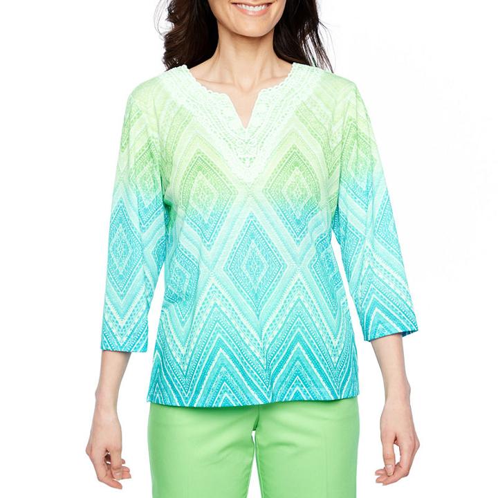 Alfred Dunner Turqs And Caicos 3/4 Sleeve Split Crew Neck Ombre T-shirt-womens