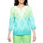 Alfred Dunner Turqs And Caicos 3/4 Sleeve Split Crew Neck Ombre T-shirt-womens