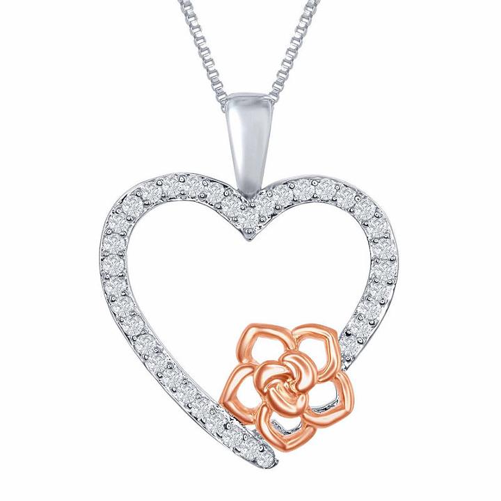 Enchanted Disney Fine Jewelry 1/6 C.t.t.w. Diamond Sterling Silver And 14k Rose Gold Accent Belle Heart Pendant Necklace