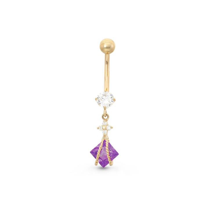 10k Yellow Gold Purple And White Cubic Zirconia Dangle Belly Ring