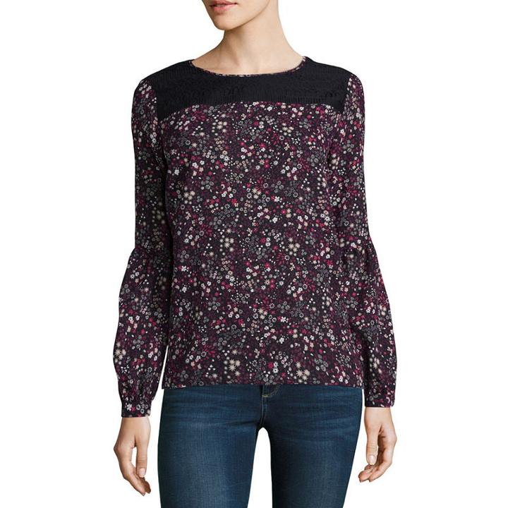 Liz Claiborne Long Sleeve Round Neck Woven Lace Blouse