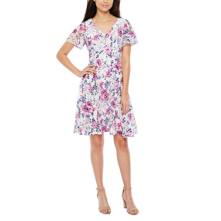 Rabbit Design Short Sleeve Lace Fit & Flare Dress