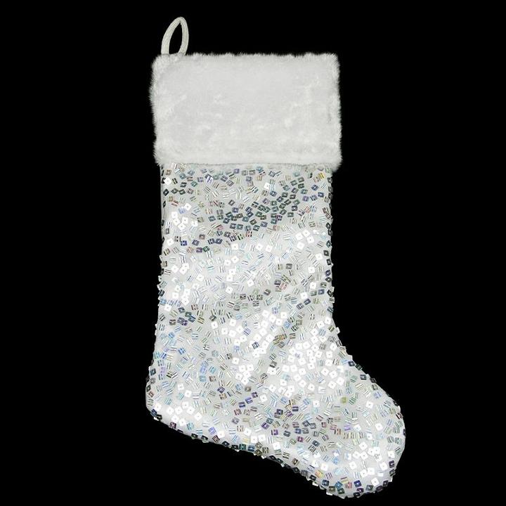 20 Shiny Silver Holographic Sequined Christmas Stocking With White Faux Fur Cuff