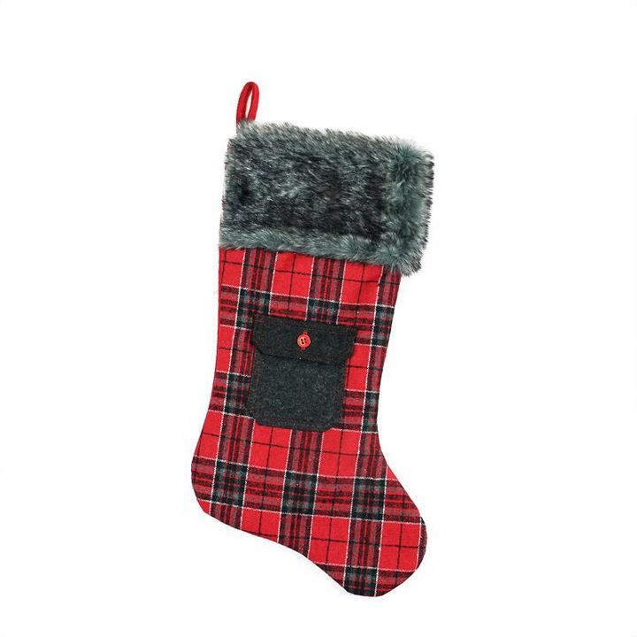 20.5 Alpine Chic Red And Black Plaid Christmas Stocking With Pocket And Gray Faux Fur Cuff