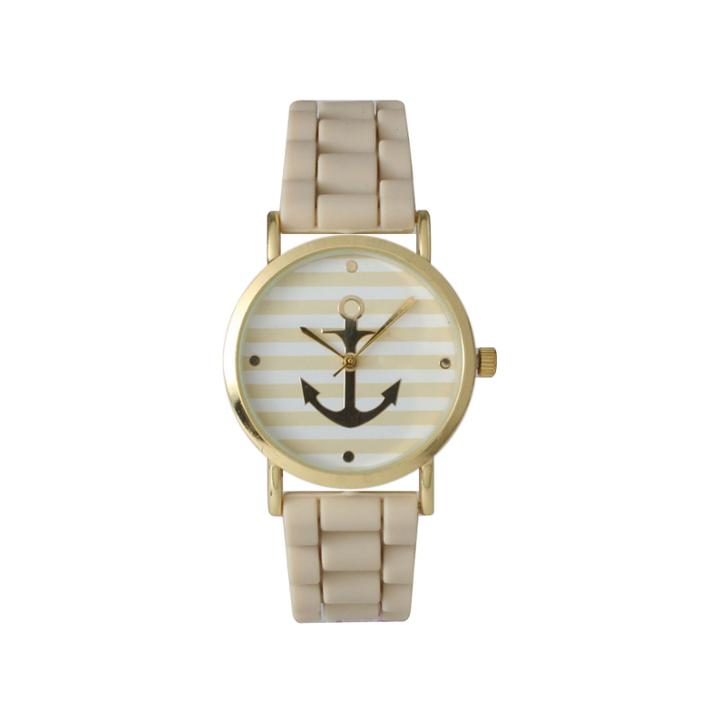 Olivia Pratt Womens Horizontal Stripe Anchor Emblem Dial Beige Silicone Watch