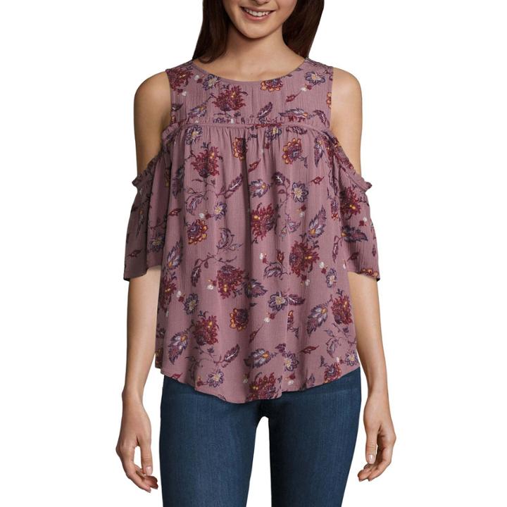 Eyeshadow Short Sleeve Scoop Neck Woven Blouse-juniors