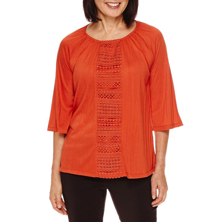 Sag Harbor Artful Animal 3/4-sleeve Crochet-panel Crinkle Top