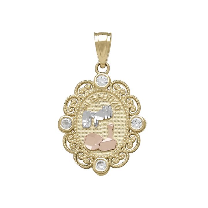 Tesoro&trade; 14k Tri-tone Cubic Zirconia Mi Bautizo Baptismal Pendant