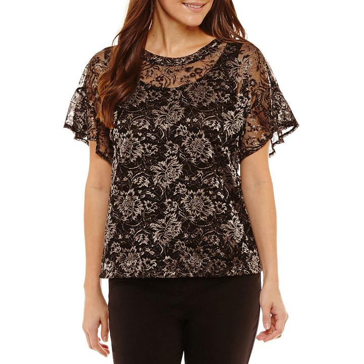 Worthington Short Sleeve Round Neck Jersey Ruffled Blouse-petites