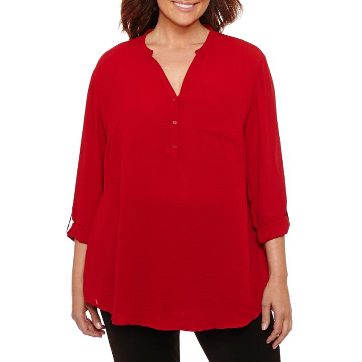 Worthington 3/4 Sleeve Split Crew Neck Woven Blouse-plus