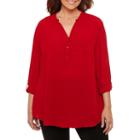 Worthington 3/4 Sleeve Split Crew Neck Woven Blouse-plus