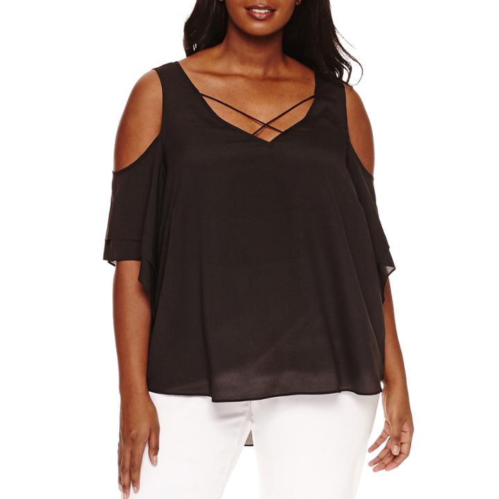 Bisou Bisou Short Sleeve V Neck Woven Blouse-plus