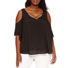 Bisou Bisou Short Sleeve V Neck Woven Blouse-plus