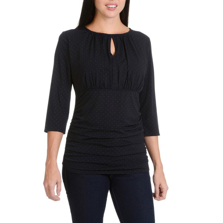 Larry Levine Printed Slit Neck Ruched Knit Top