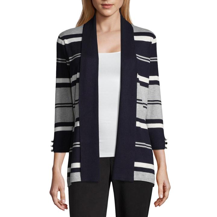 Liz Claiborne 3/4 Sleeve Open Front Striped Cardigan