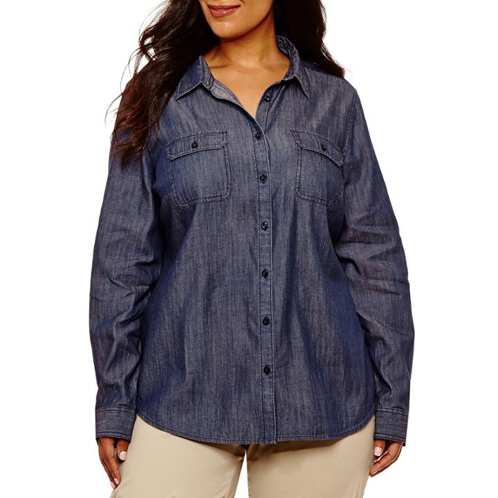 St. John's Bay Long Sleeve Denim Classic Button Down Shirt - Plus