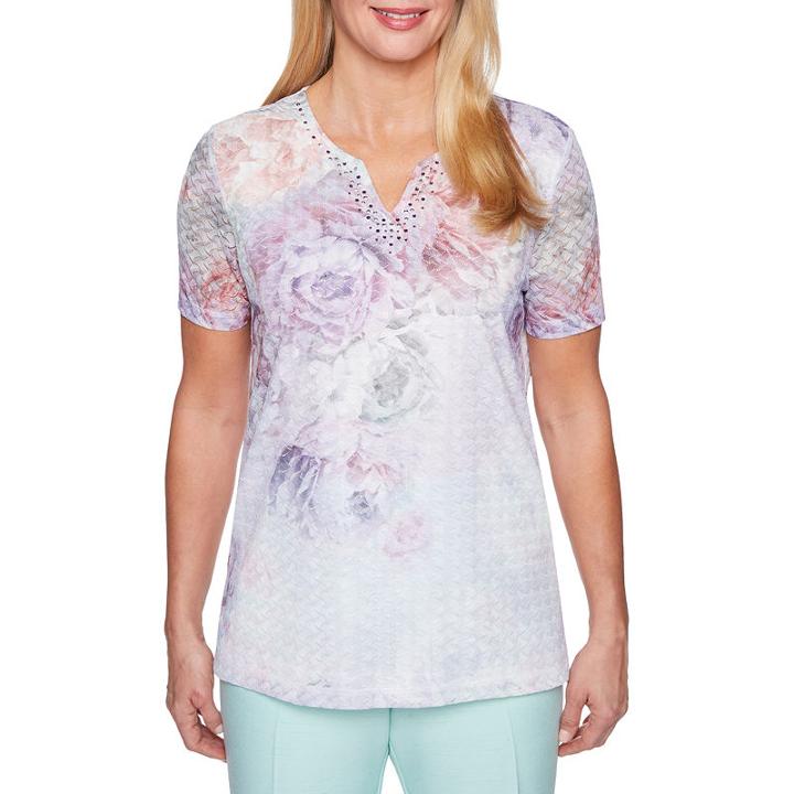 Alfred Dunner Roman Holiday Short Sleeve Split Crew Neck Floral T-shirt-womens