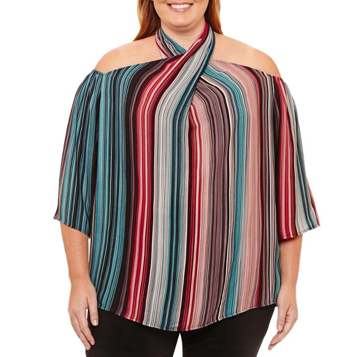 Worthington Elbow Sleeve Woven Stripe Blouse-plus