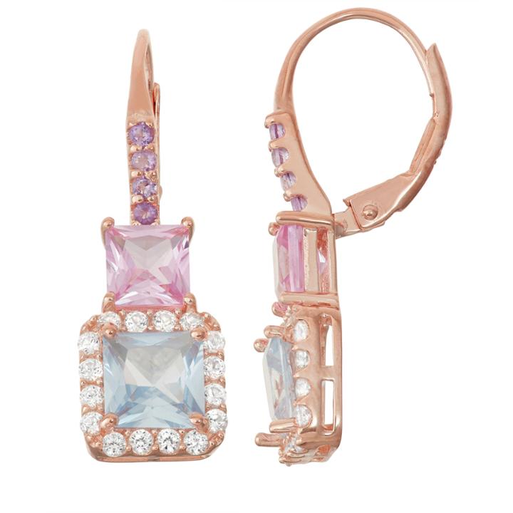 Lab-created Aquamarine & Pink Sapphire14k Rose Gold Over Silver Leverback Earring