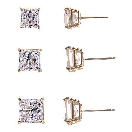 3-pr. Princess-cut Cubic Zirconia Gold Over Silver Stud Earring Set