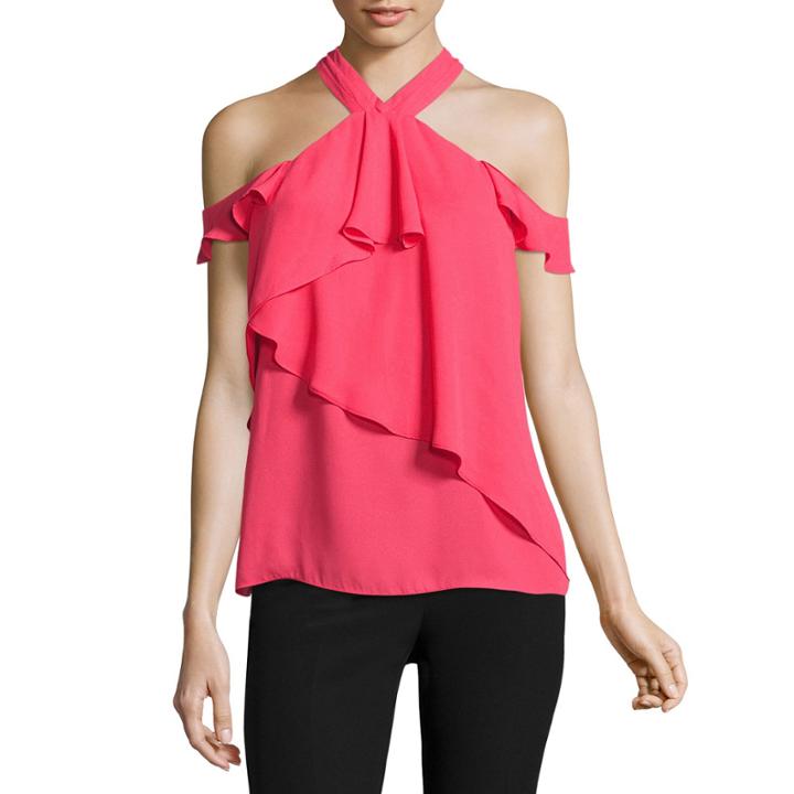 Worthington Ruffle Halter Mock Neck Woven Blouse