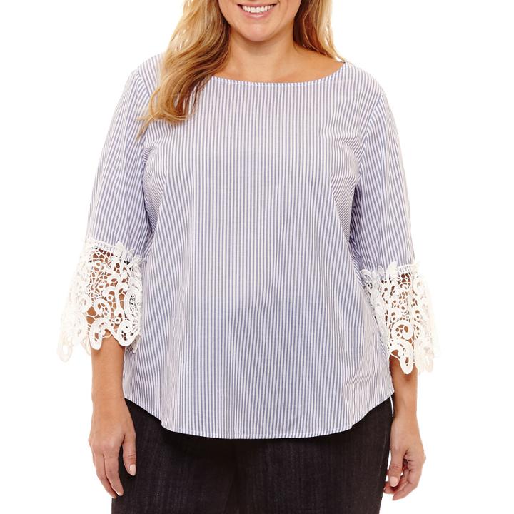 Liz Claiborne Lace Sleeve Stripe Poplin Blouse- Plus