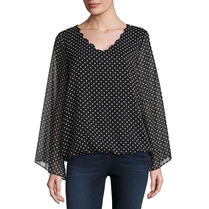 Alyx Long Sleeve Scallop Neck Chiffon Dots Blouse