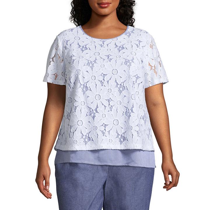 Alfred Dunner Blues Traveler Lace Overlay Pinstripe Tee- Plus