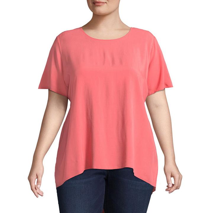 Boutique + Short Sleeve Scoop Neck Woven Blouse - Plus