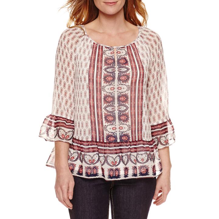 St. John's Bay 3/4 Sleeve Crew Neck Woven Bordered Blouse