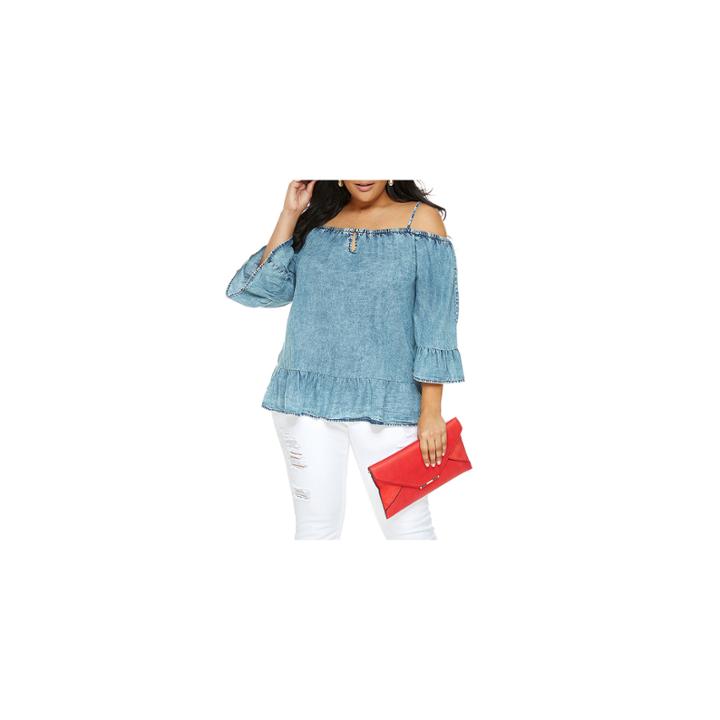 Fashion To Figure Lexie Denim Cold Shoulder Woven Blouse-plus