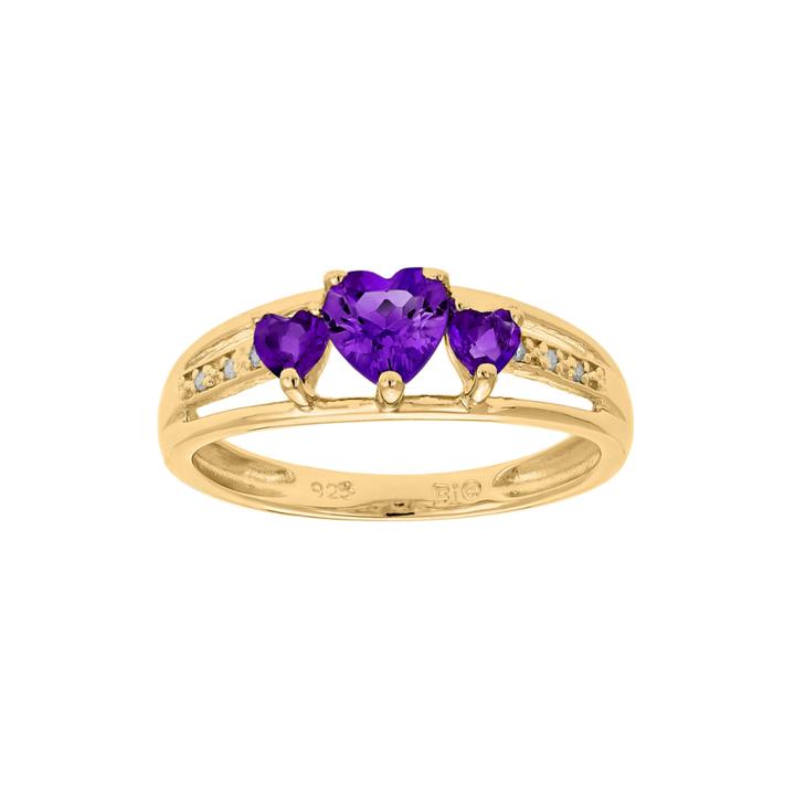 Genuine Amethyst And Diamond-accent 3-stone Heart Ring