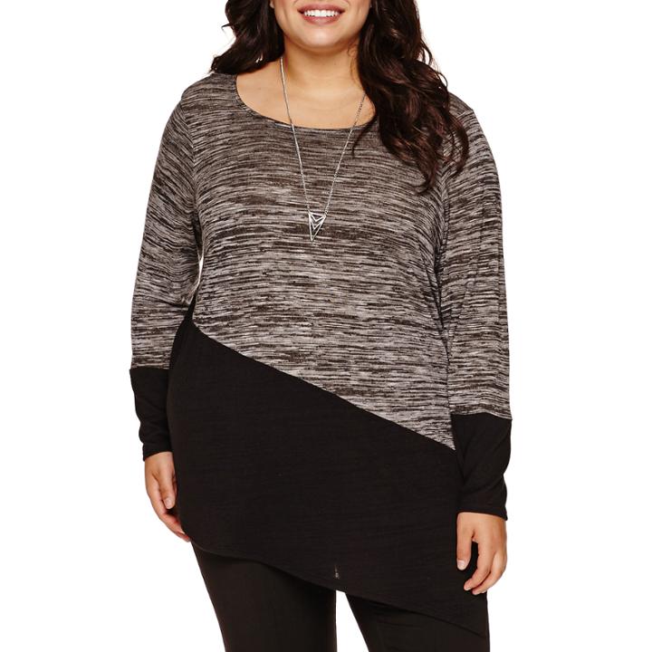 Alyx Long-sleeve Asymmetrical-hem Colorblock Tunic With Necklace - Plus