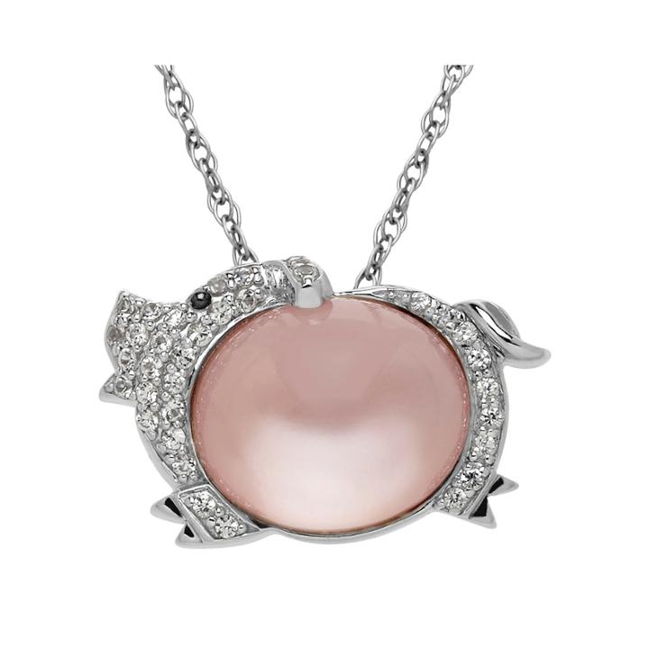 Genuine White Quartz And Lab-created White Sapphire Pig Pendant Necklace