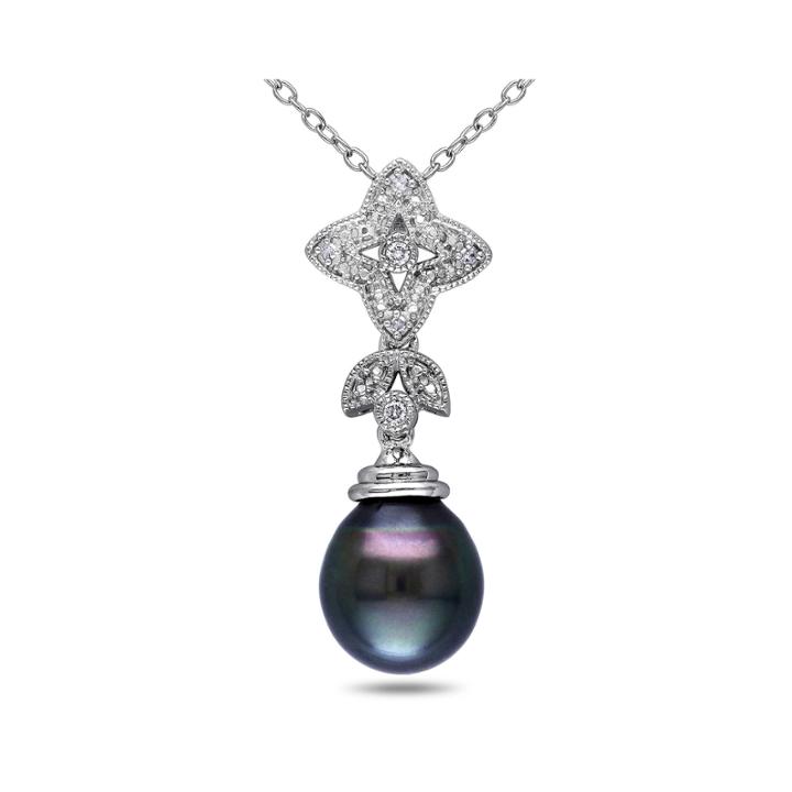 Genuine Black Tahitian Pearl & Diamond Accent Sterling Silver Pendant