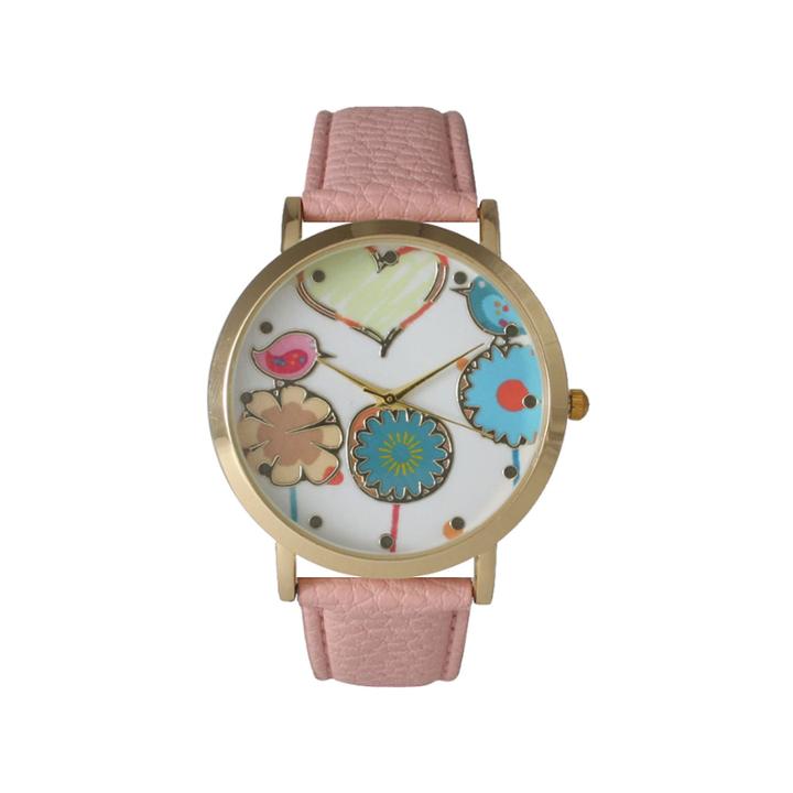Olivia Pratt Womens Multicolor Heart, Birds And Flowers Dial Light Pink Leather Watch 26362light Pink
