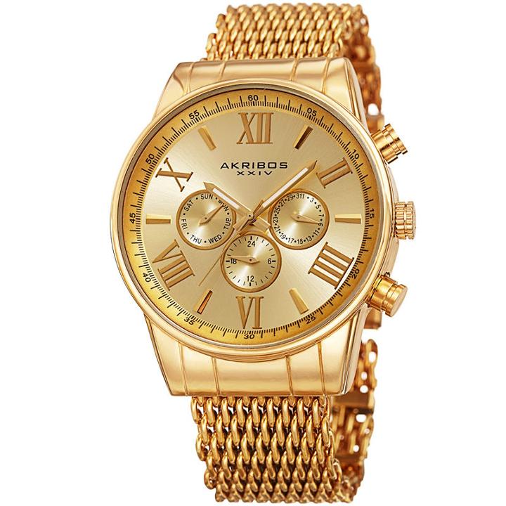 Akribos Xxiv Mens Gold Tone Strap Watch-a-919yg
