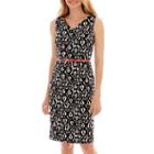 Black Label By Evan-picone Sleeveless Print Piqu Knit Belted Sheath Dress