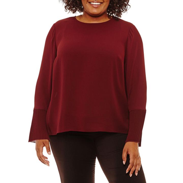 Worthington Long Sleeve Pleated Woven Blouse-plus