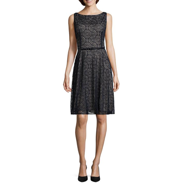 Black Label By Evan-picone Sleeveless Lace Belted Fit & Flare