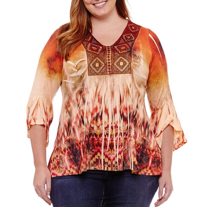 Unity World Wear 3/4 Sleeve V Neck Knit Abstract Blouse-plus
