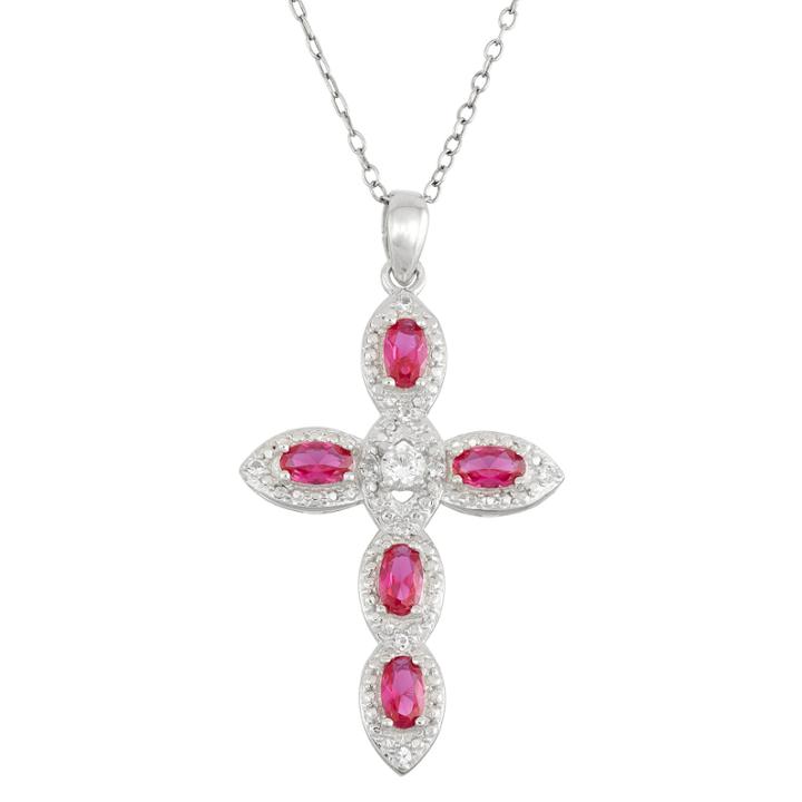 Lab Created Ruby & White Sapphire Sterling Silver Cross Pendant Necklace